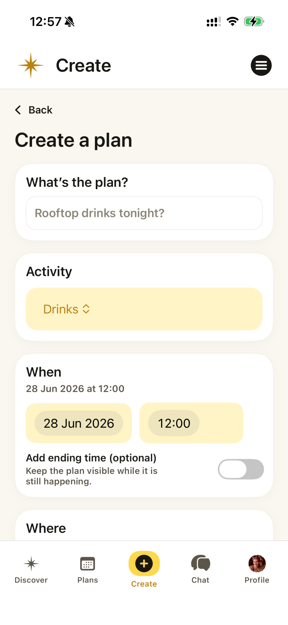 Vamio Create Plan screen