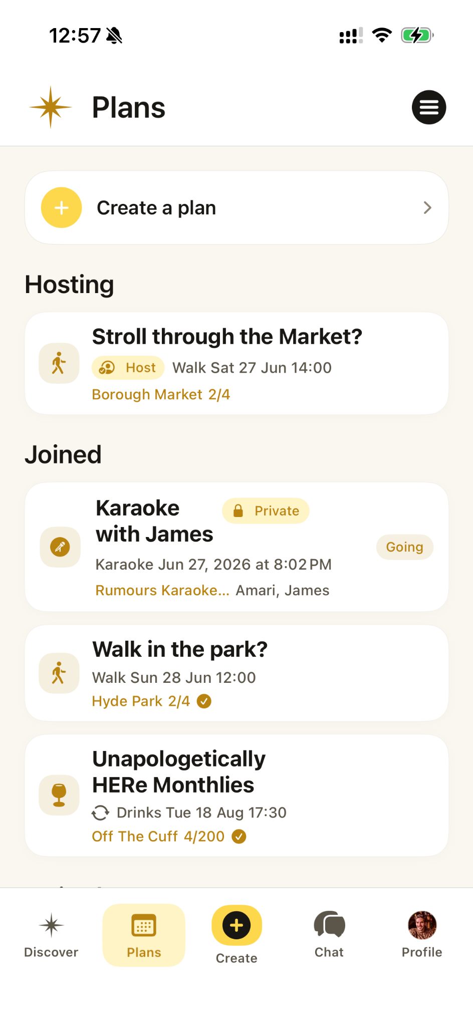 Vamio Plans screen showing upcoming and public plans