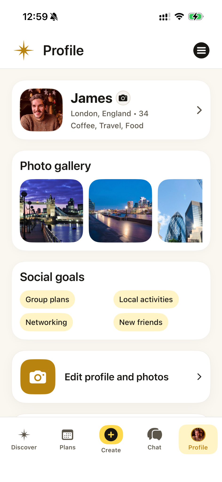 Vamio Profile screen with gallery and social goals
