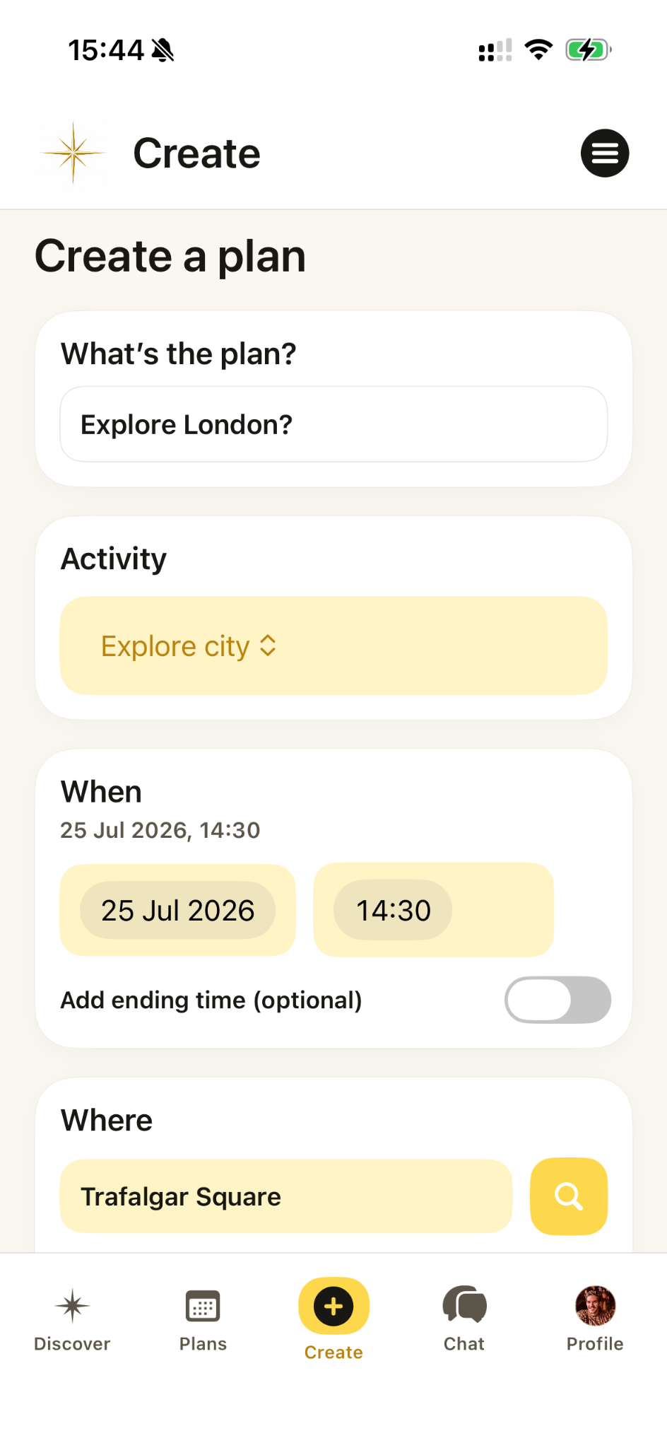 Vamio Create Plan screen