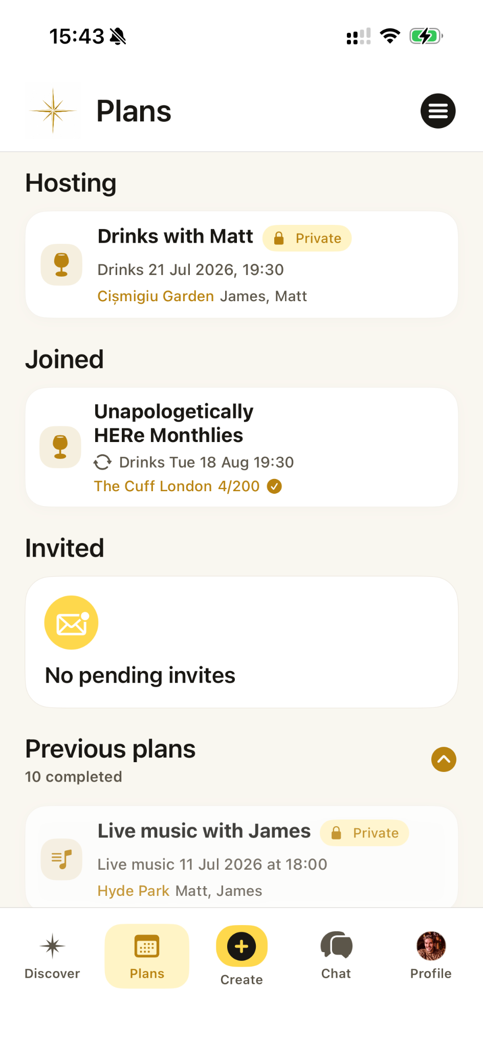 Vamio Plans screen showing upcoming and public plans