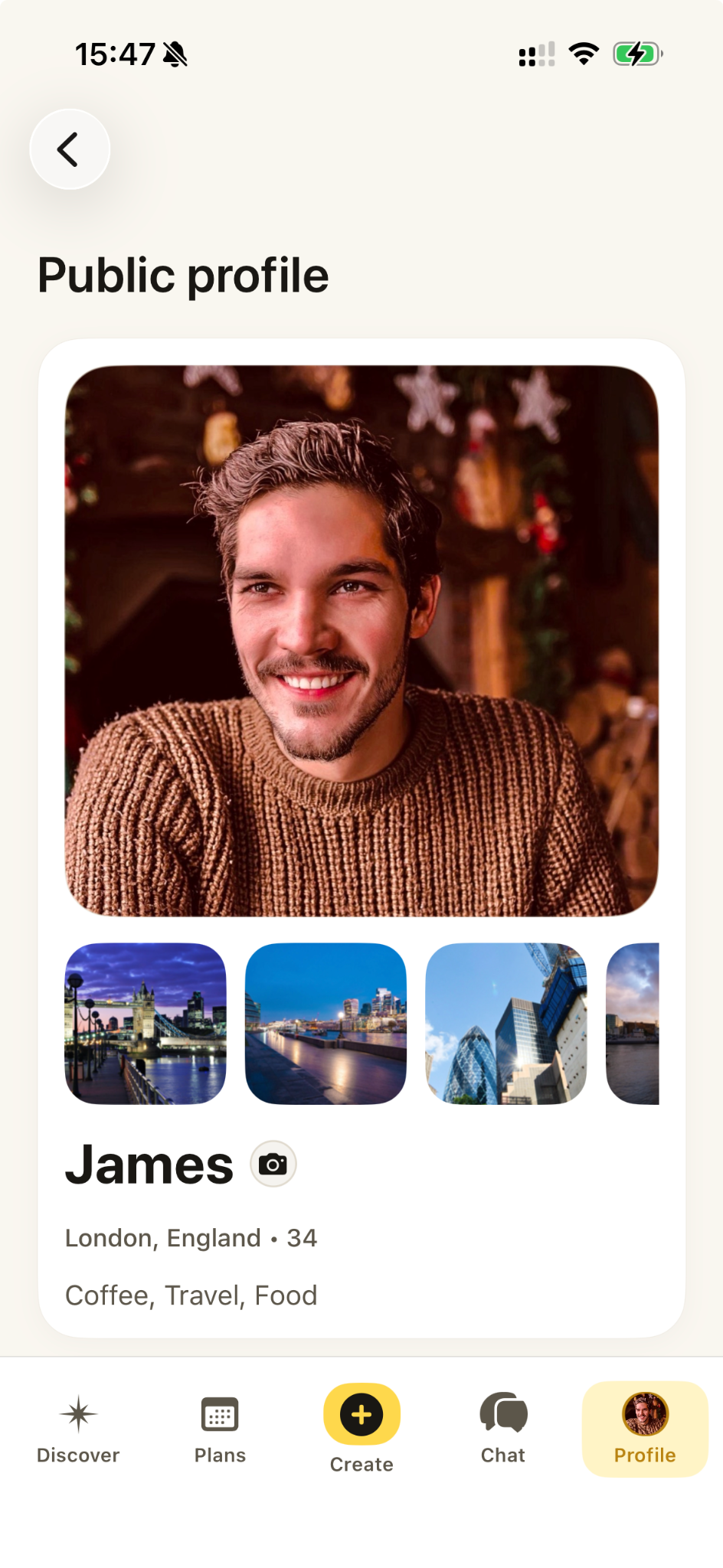 Vamio Profile screen with gallery and social goals