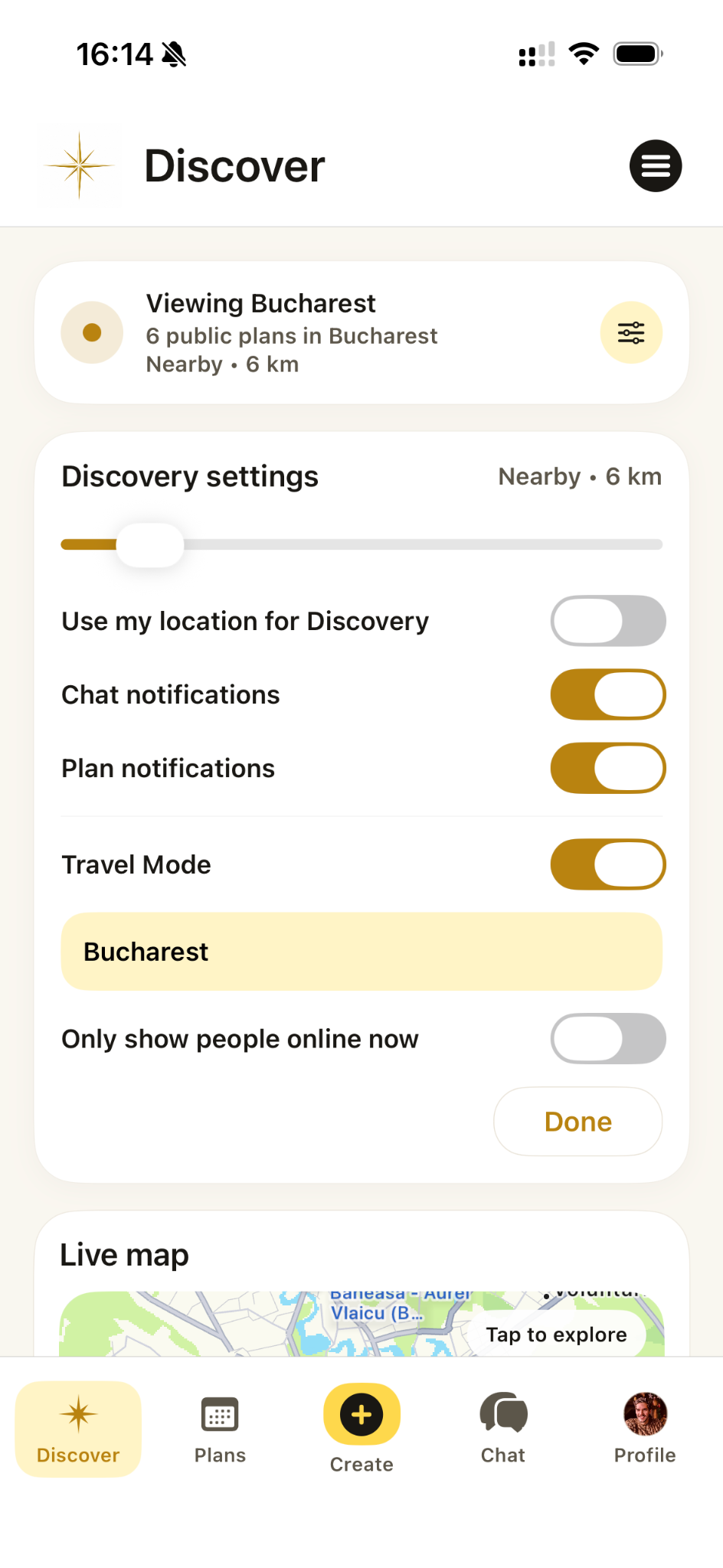 Vamio Travel Mode showing Bucharest plans and map
