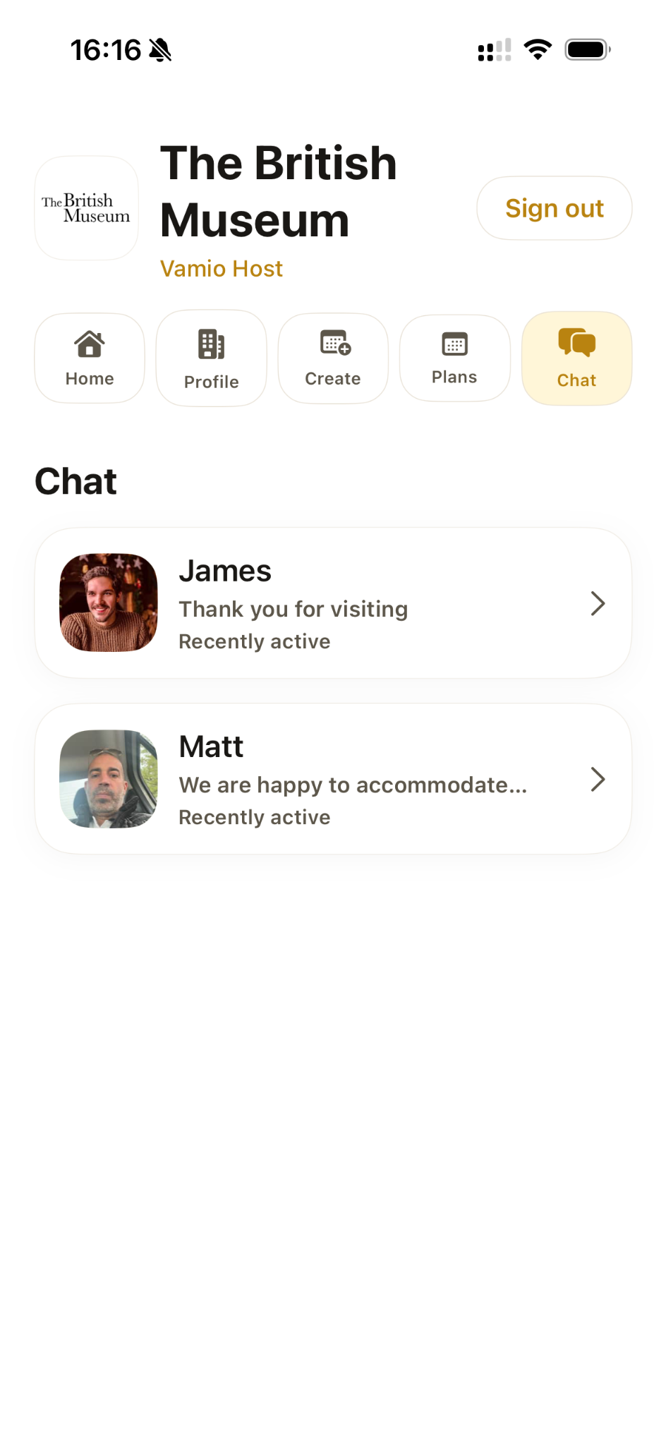Vamio Host chat screen