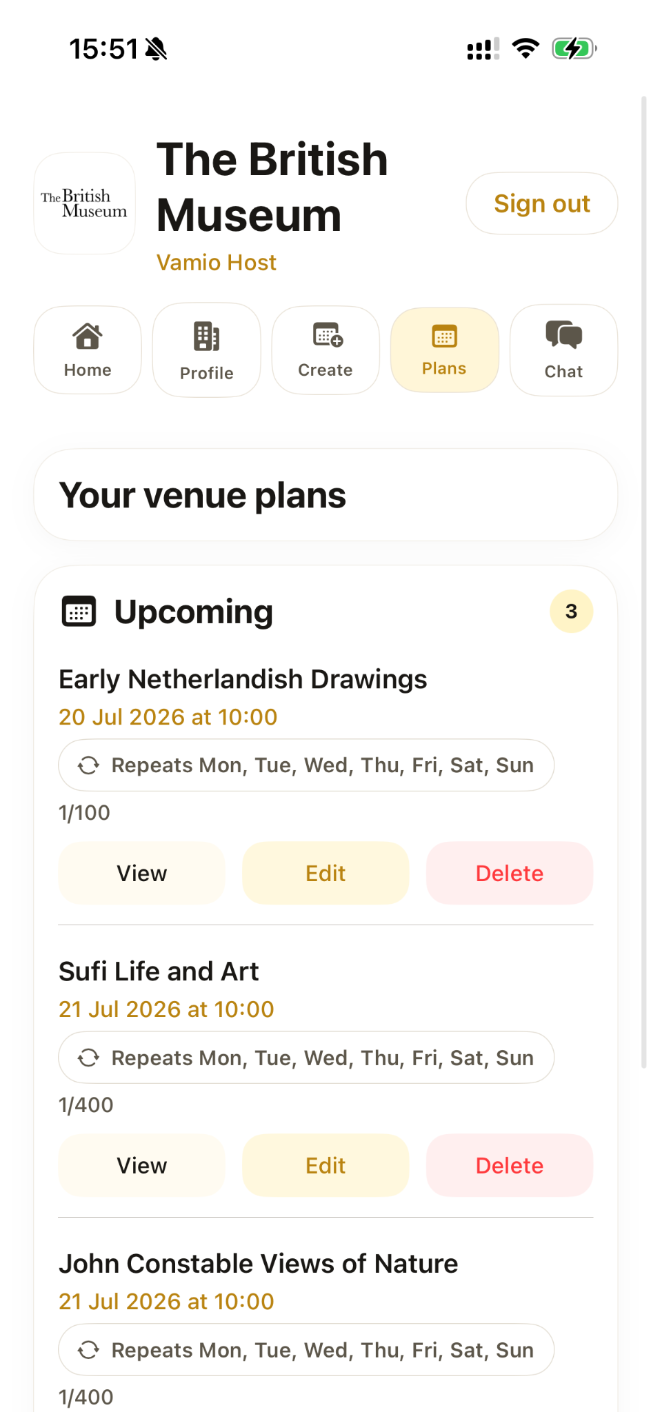 Vamio Host plans management screen
