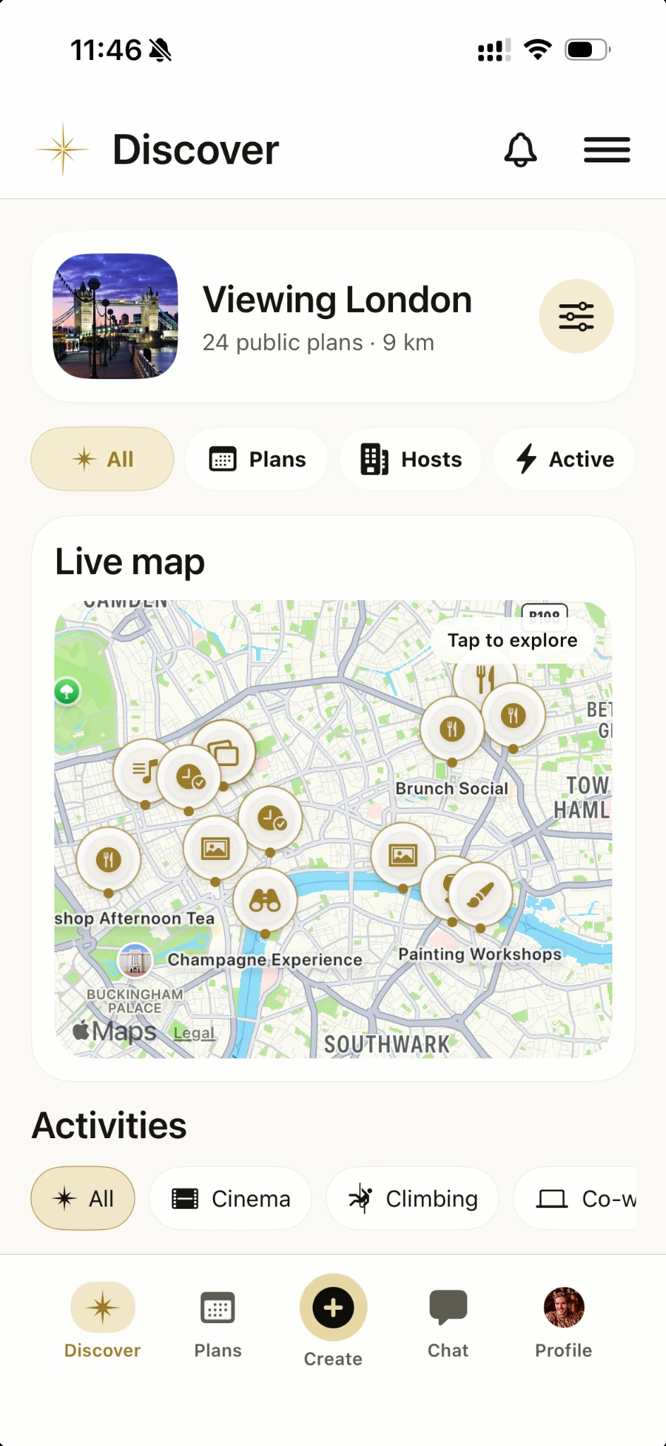 Vamio Discover screen showing live map and public plans
