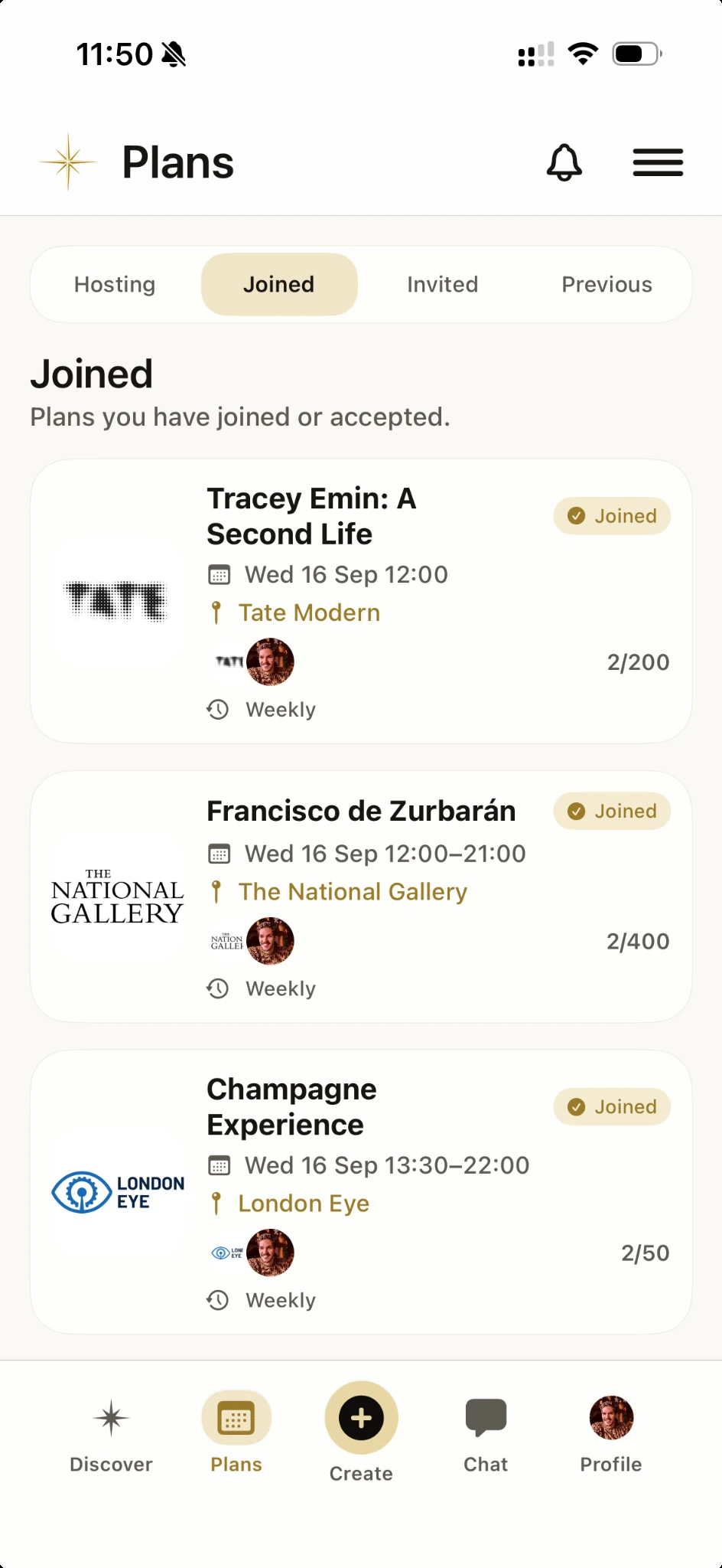 Vamio Plans screen showing upcoming and public plans