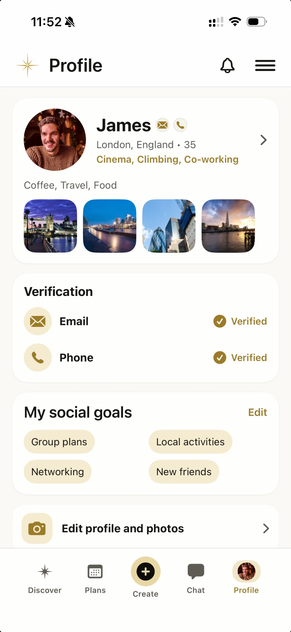 Vamio Profile screen with gallery and social goals