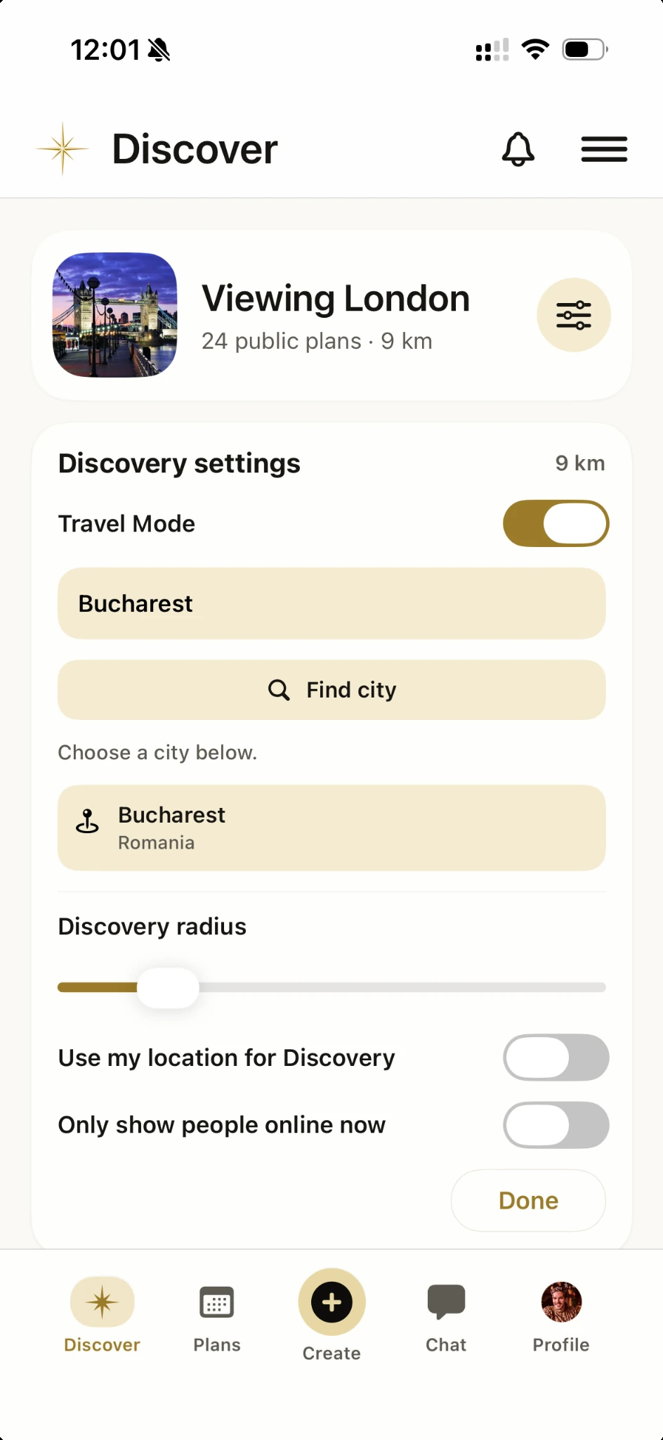 Vamio Travel Mode city selection screen showing Bucharest