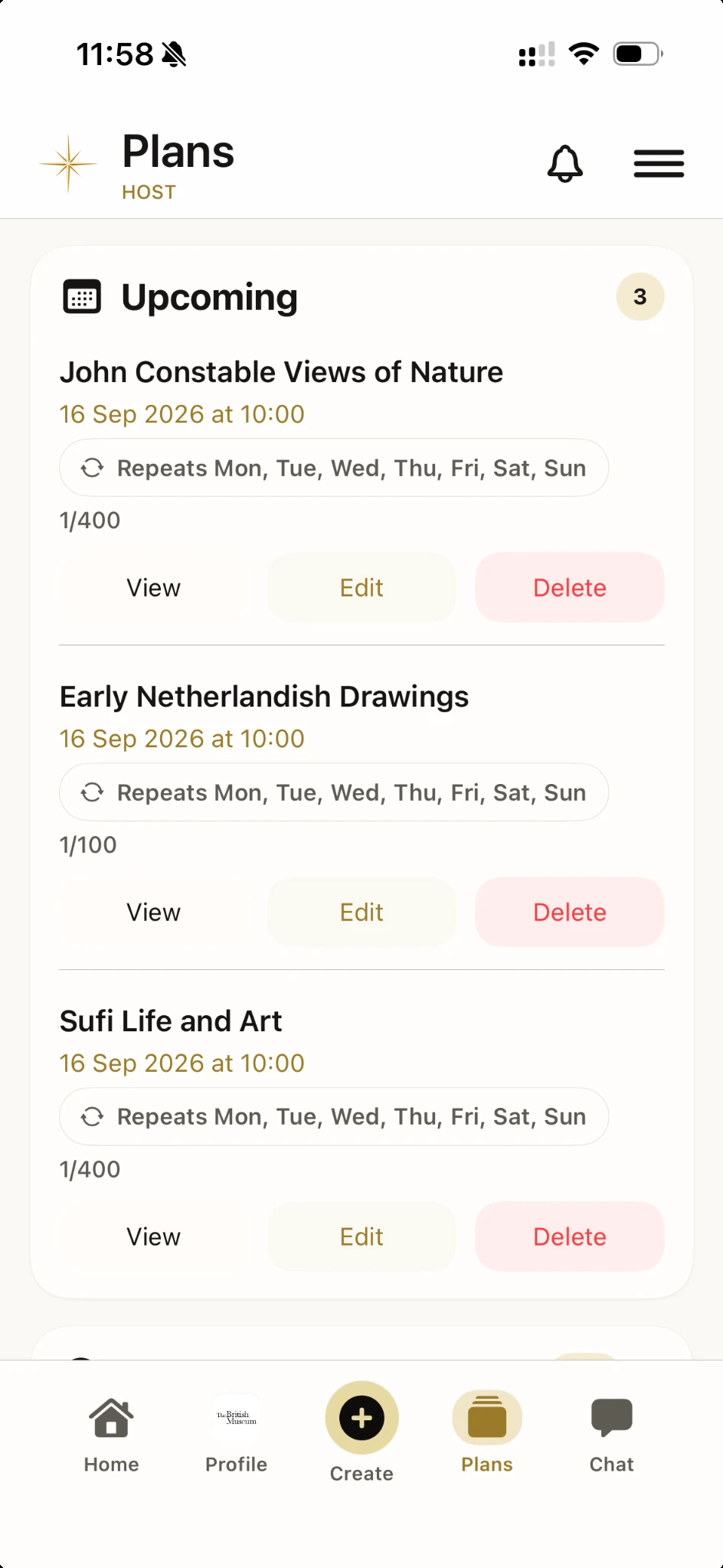 Vamio Host plans management screen