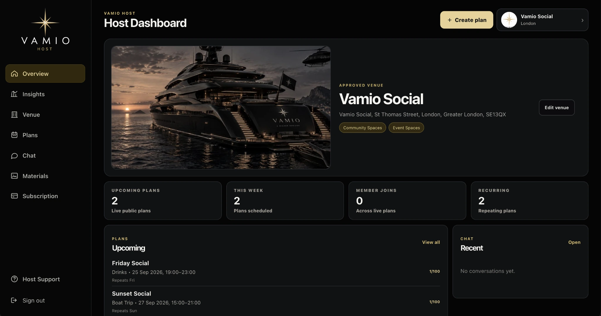 Vamio Host Dashboard overview on desktop showing venue details, plan statistics and upcoming plans