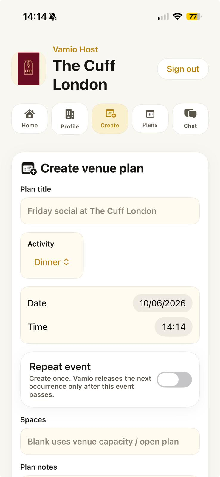Vamio Host create venue plan screen
