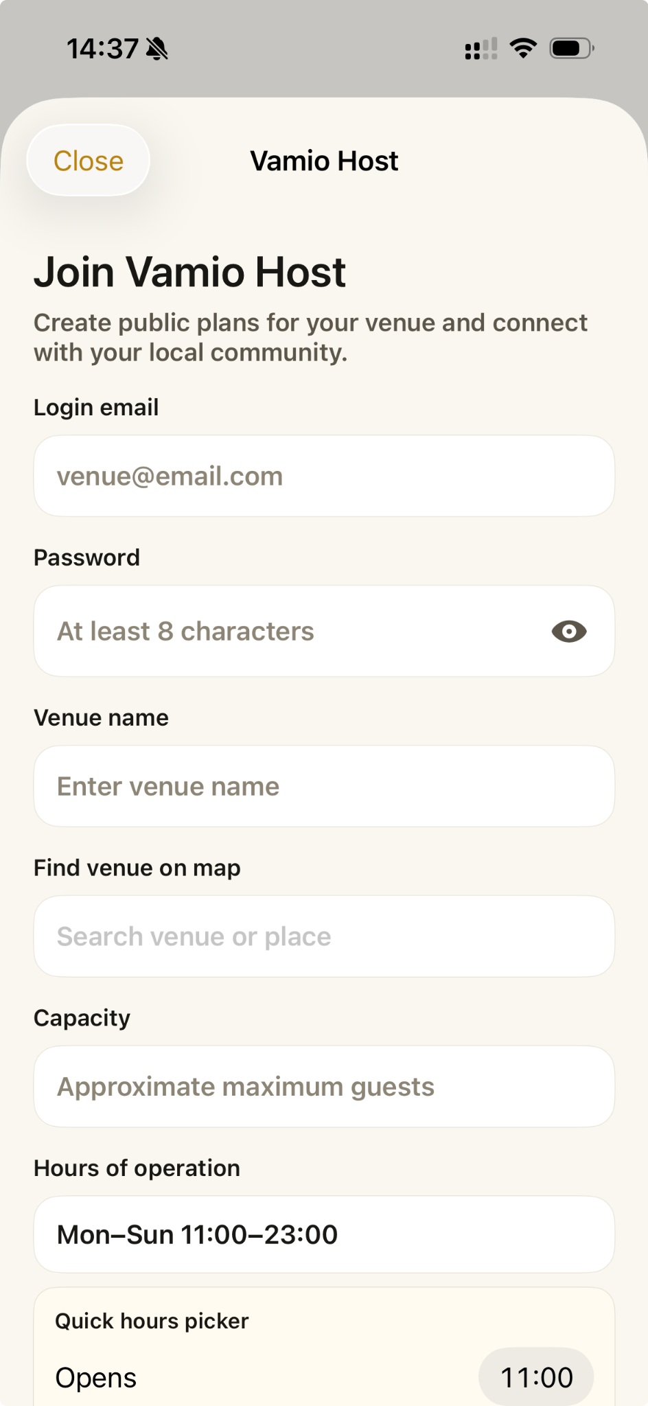 Vamio Host application screen
