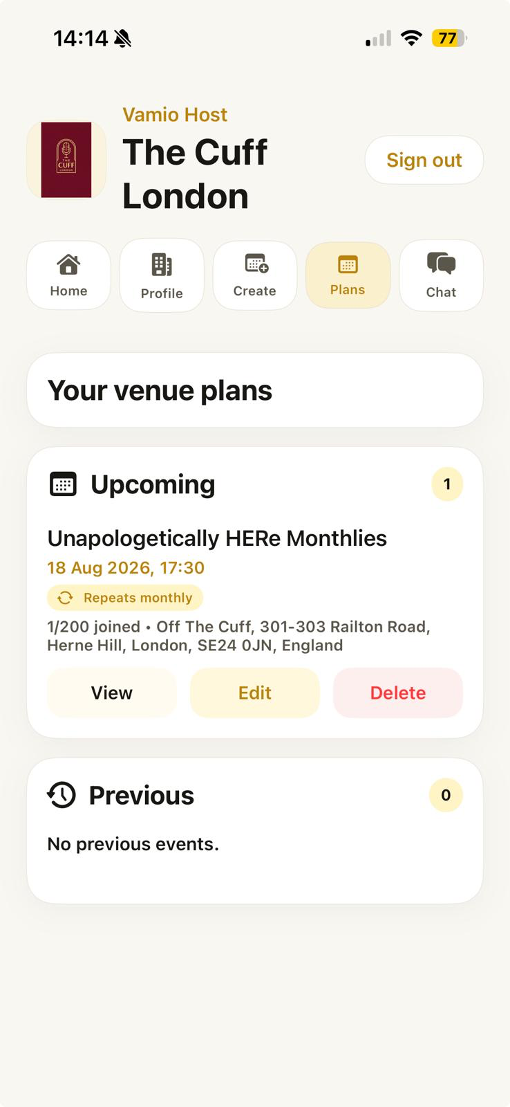 Vamio Host plans management screen
