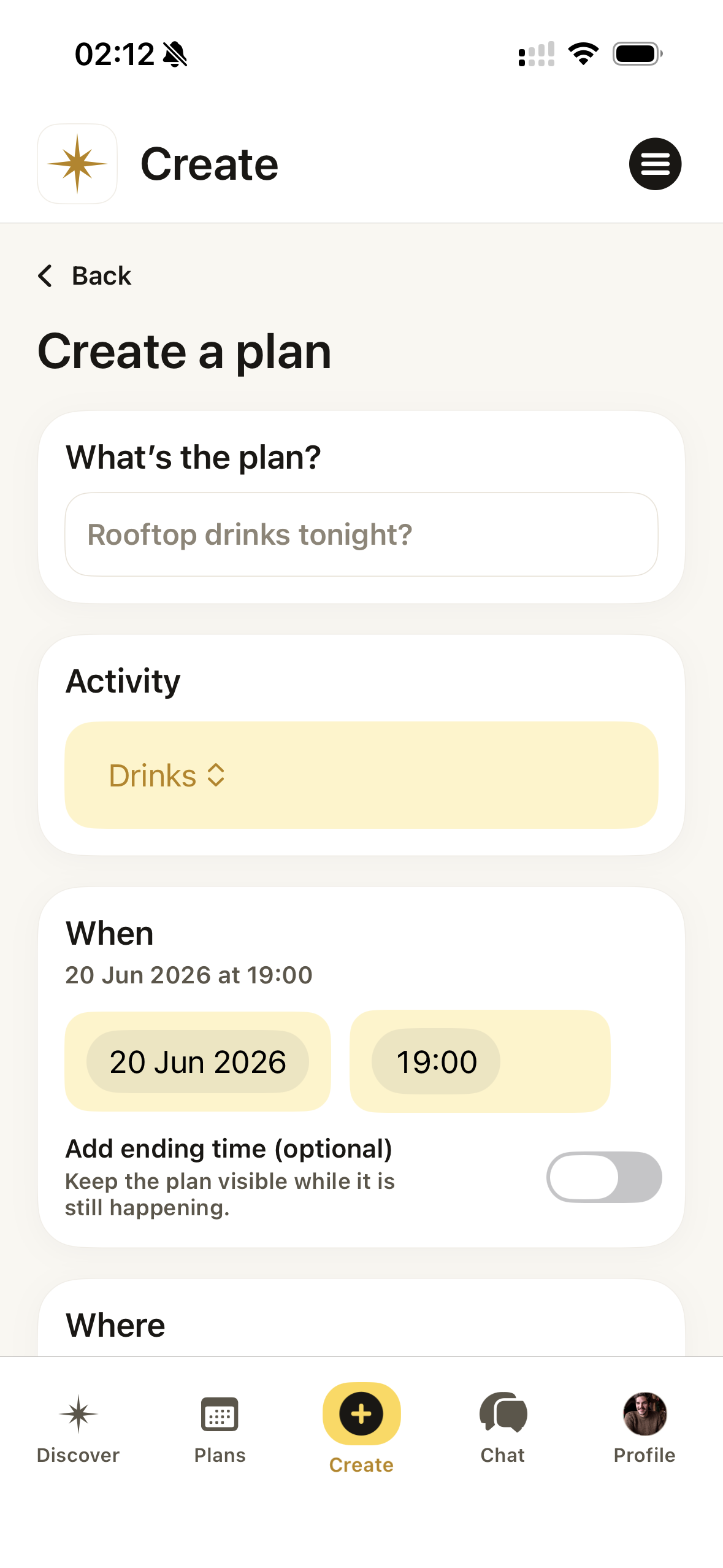 Vamio Create Plan screen
