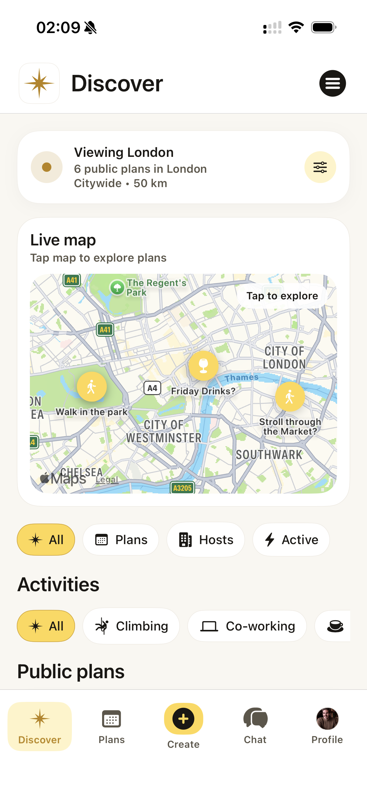 Vamio Discover screen showing London