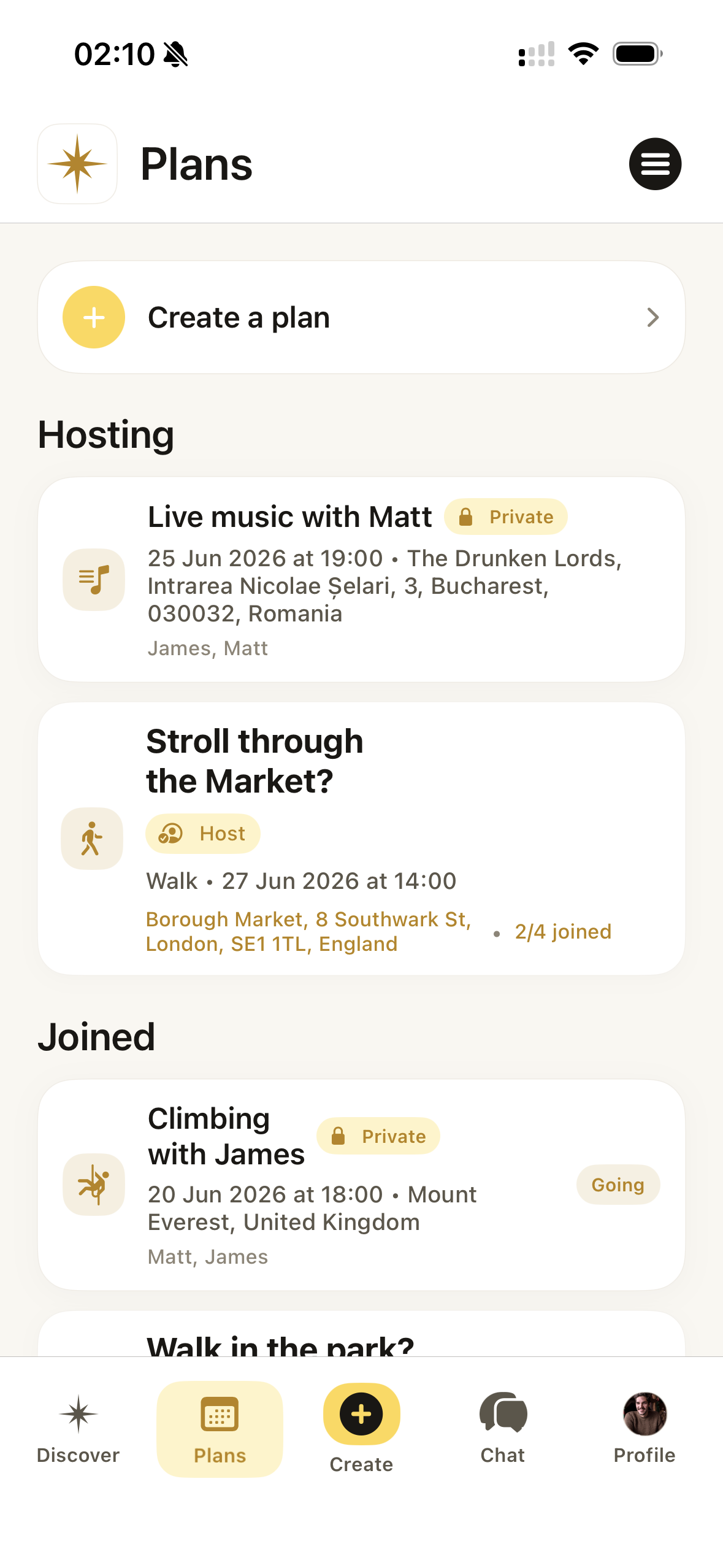 Vamio Plans screen showing upcoming and public plans