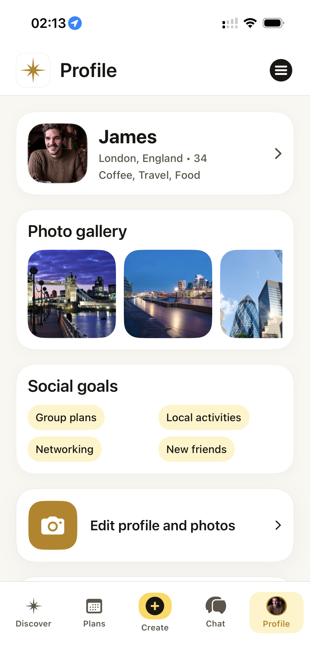 Vamio Profile screen with London demo profile